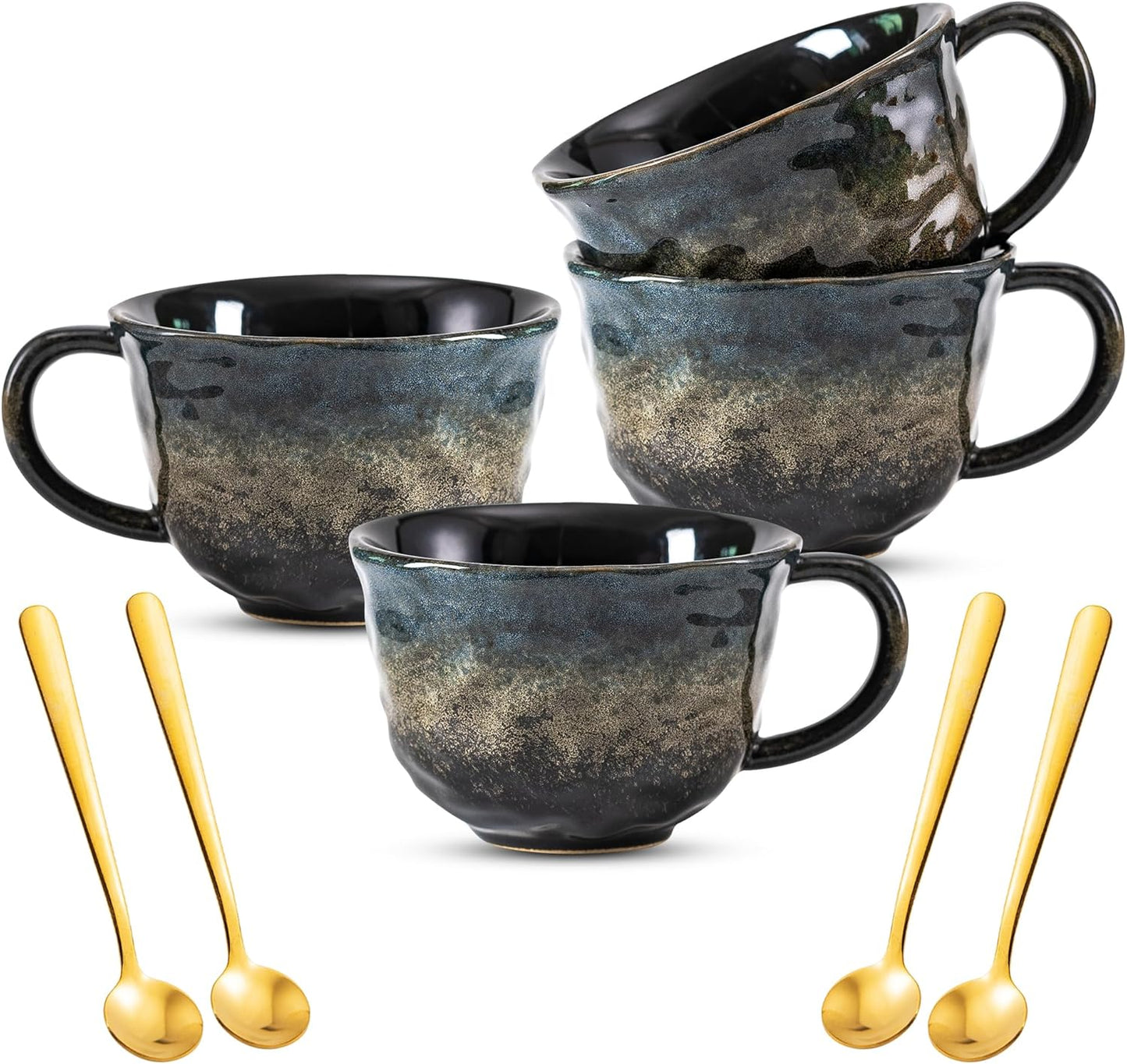 Coffee Mugs Cup, 8 OZ Ceramic Coffee Mugs with Gold Spoon for Man Woman, Modern Set of 4 Cup for Espresso Latte Cappuccino Cocoa Tea Dishwasher & Microwave Safe (Star Pulse)