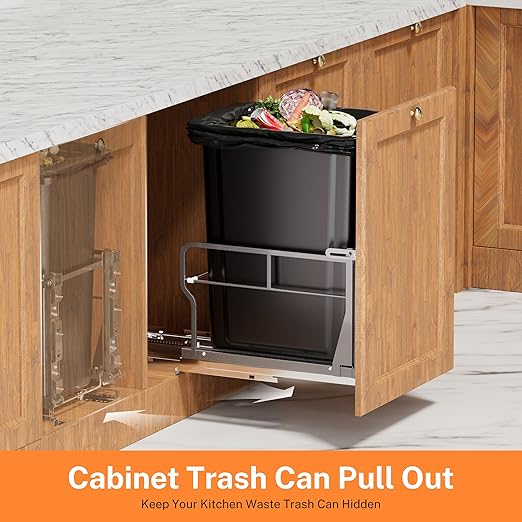 YJHome Pull Out Trash Can Under Cabinet with Tiltable 10° & 40Qt Garbage Can, Cabinet Trash Can Pull Out Kit, Easy to Take Out Bin for Minimum Cabinets Opening 12" W