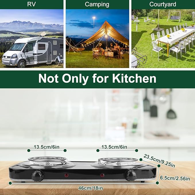 Double Burner Cooktop, 2000W Portable Electric Stove, 5 Level Temperature Control, 6” Heating Coil, Easy to Clean, Power Indicator Lights, Coil Hot Plate for Home Dorm Camping Cooking