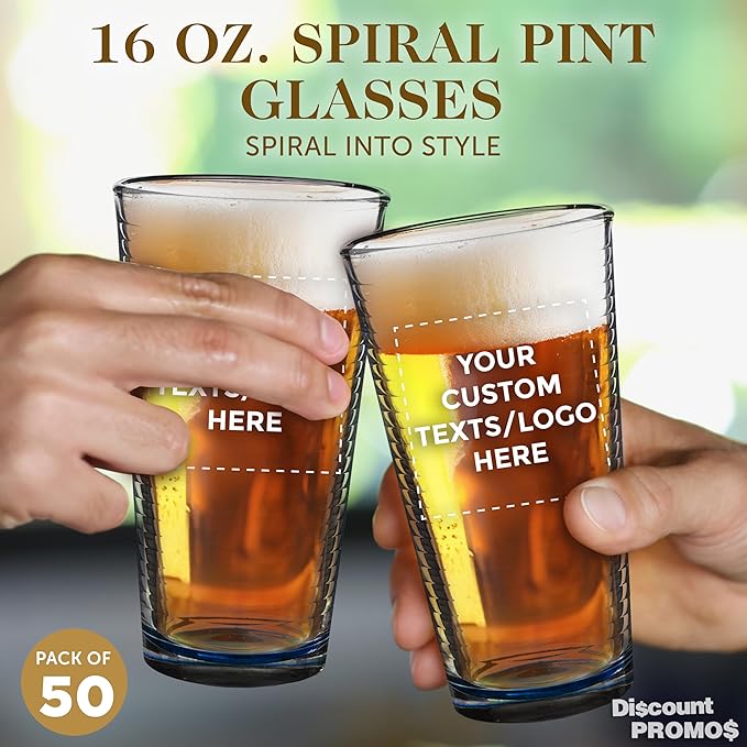 Custom Spiral Pint Glass 16 oz. Set of 50, Personalized Bulk Pack - Beer Glasses, Heavy Duty Drinkware - Blue