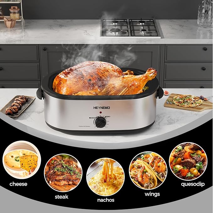 18 Quart Roaster Oven with Self-Basting Lid, Large Electric Turkey Roaster Oven with Defrost & Warm Function, Adjustable Temperature, Removable Pan & Rack, Stainless Steel, Silver