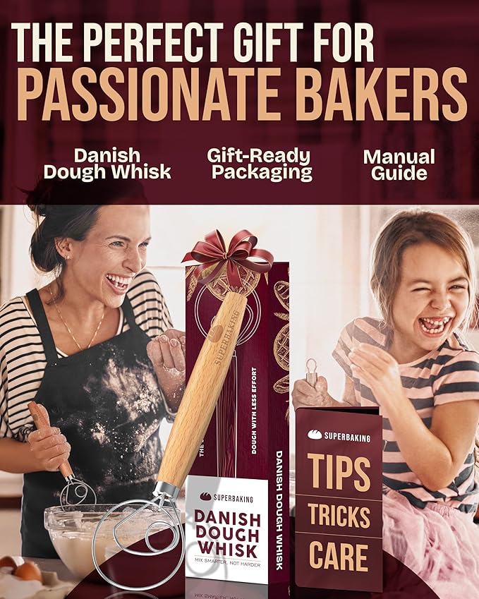 Superbaking Danish Dough Whisk - 12" Bread Whisk for Dough Mixing - Single Eye Design Sourdough Whisk - Sourdough Bread Baking Supplies - Bread Making Tools and Accessories - Ergonomic Wooden Handle