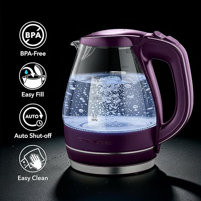 OVENTE Electric Kettle, 1.5L Borosilicate Glass Countertop Water Heater and Boiler for Coffee or Tea, BPA-Free, Auto Shut-Off, Boil-Dry Protection, Removable and Washable Spout Filter, Purple KG83P