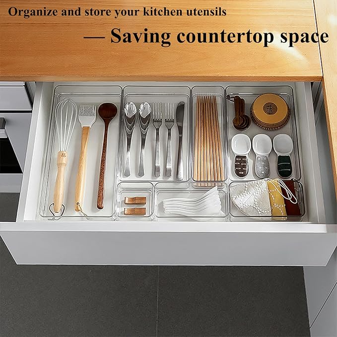 16 Pcs Extendable Clear Drawer Organizer, All Adjustable Vanity Storage Box, 2-Size Desk Drawer Organizer, Durable Storage Bins for Makeup, Cosmetic, Bedroom Dressers Tool Organizer for Gadgets