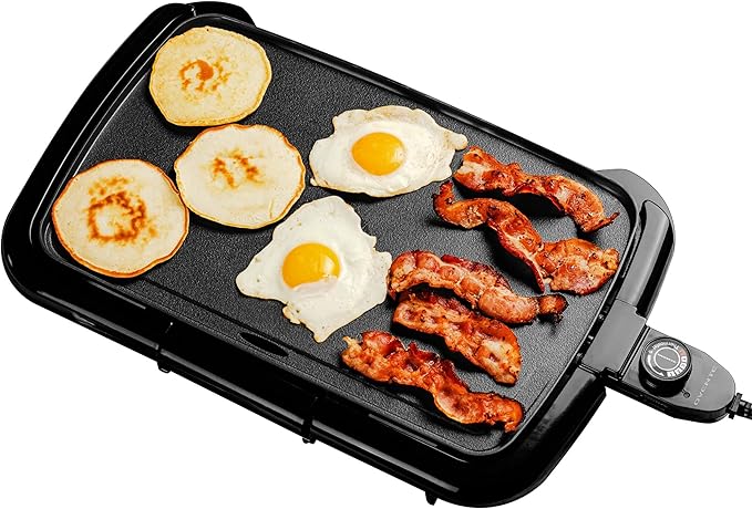 OVENTE Electric Griddle with 16 x 10 Inch Flat Non-Stick Cooking Surface, Adjustable Thermostat & Electric Countertop Double Burner, 1700W Cooktop with 7.25 and 6.10 Inch Cast Iron Hot Plates