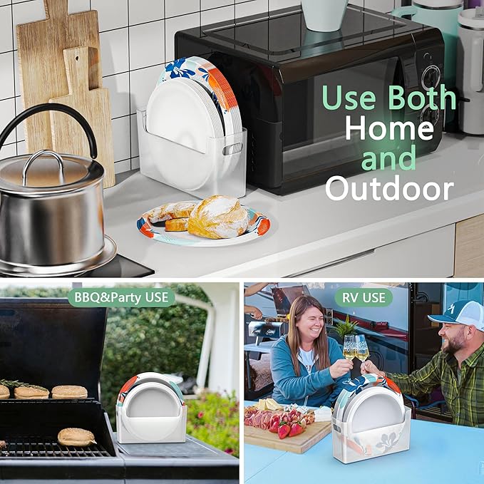 2Pcs Paper Plate Dispenser for 6-9.5 Inch Disposable Plates, Space-Saving Plastic, Foam and Paper Plate Storage Organizer for Cabinet, Countertop, RV or Outdoor (Transparent)