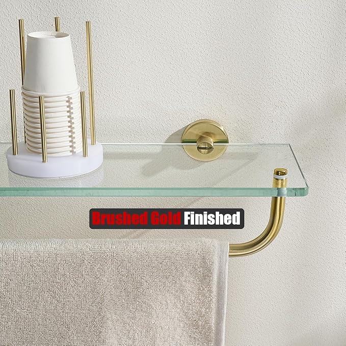 JQK Bathroom Glass Shelf, Shelf with 19 Inch Towel Bar Tempered Glass Shower Storage 20 by 5 inches, 304 Stainless Steel Brushed Gold Wall Mount, TGS100L20-BG