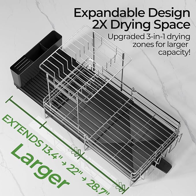 Large 2 Tier Dish Drying Rack, Extendable Dish Rack, Stainless Steel Anti-Rust Dish Rack for Kitchen Counter, Multifunctional Dish Drainer with Utensil & Cup Holder, 13.4"-28.7" L x 11.8" W