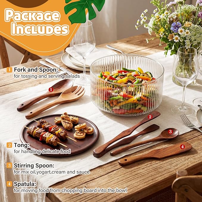 Large Ribbed Glass Salad Bowl Set, Party Salad Bowl with Wood Base and Lid as Cheese Charcuterie Board and Plate, Comes with 5 Pieces of Elegant Wood Serving Utensils