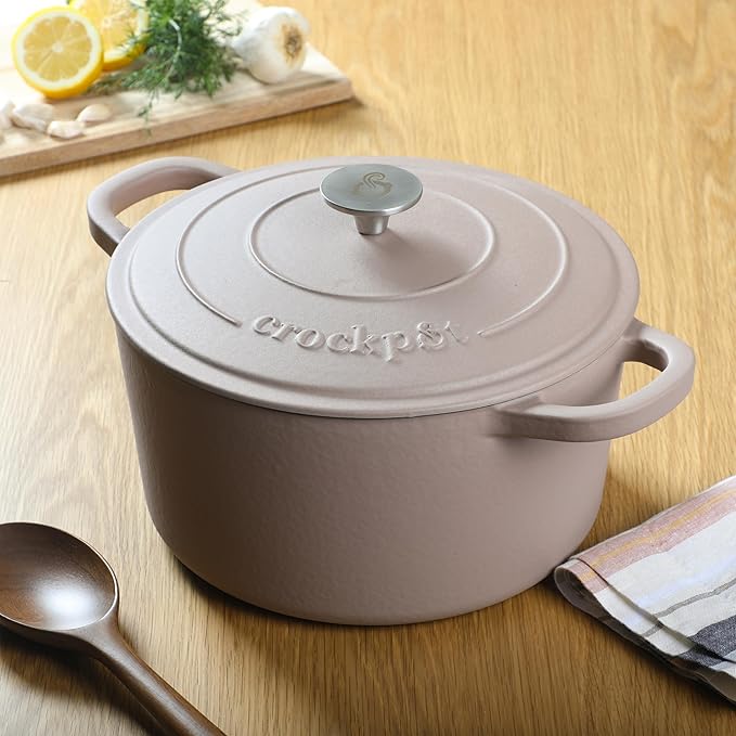 Crock-Pot Artisan 5-Quart Round Cast Iron Dutch Oven with Lid – Matte Dusty Pink, Durable Oven Safe Cookware