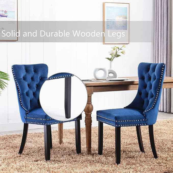 Upholstered Dining Chairs Set of 4, Velvet Dining Room Chairs with Back Ring Pull Trim and Solid Wood Legs, Tufted Wingback Kitchen Chair Perfect for Dining Room,Living Room,Kitchen(Blue)