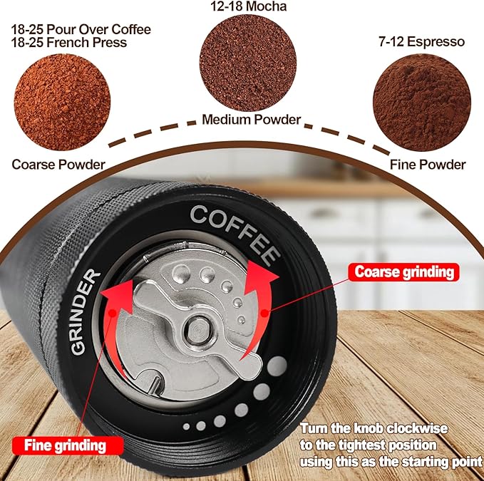 Manual Coffee Grinder Gift Box Detachable Stainless Steel Conical Burr Aluminum Coffee Bean Grinder with 25 Grinding Settings Cleaning Brush Grindable Espresso Moka Pot for Camping Black
