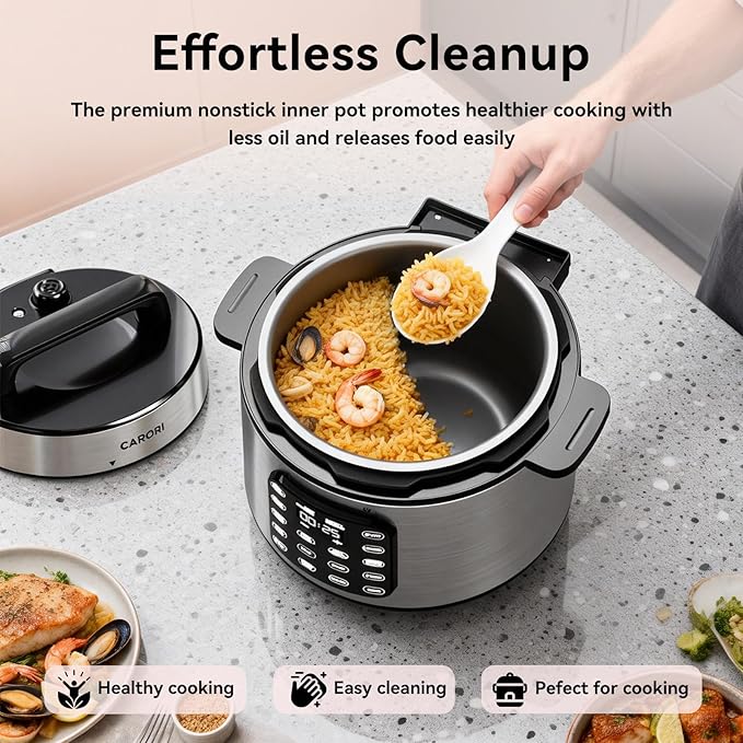 Carori 8 Qt Electric Pressure Cooker, 9-in-1 Multi-Cooker 1000W with IMD Touchscreen, Non-Stick Inner Pot, For Pressure/Slow/Rice Cooking, Steaming, Sauté & Keep Warm, Silver