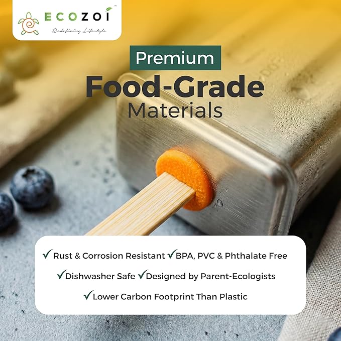 ecozoi Stainless Steel Popsicle Molds and Rack - 10 Square Ice Pop Makers + 50 Reusable Bamboo Sticks + 20 Silicone Seals + 1 Cleaning Brush + 1 Rack