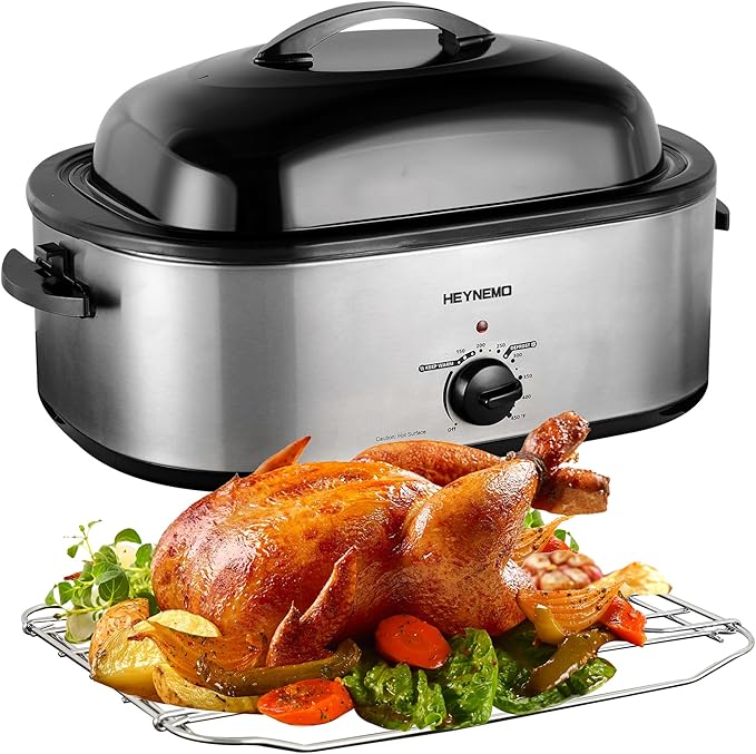 18 Quart Roaster Oven with Self-Basting Lid, Large Electric Turkey Roaster Oven with Defrost & Warm Function, Adjustable Temperature, Removable Pan & Rack, Stainless Steel, Silver