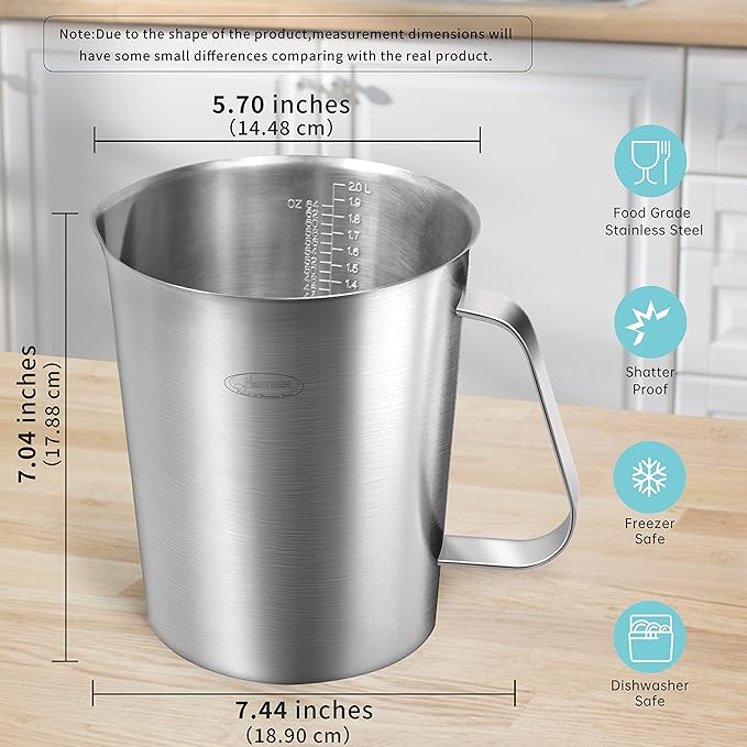 Measuring Cup, [Upgraded, 3 Measurement Scales, Including Cup Scale, ML Scale, Ounce Scale], Newness Stainless Steel Measuring Cup with Marking with Handle, 64 Ounces (2.0 Liter, 8 Cup) (Pack of 2)