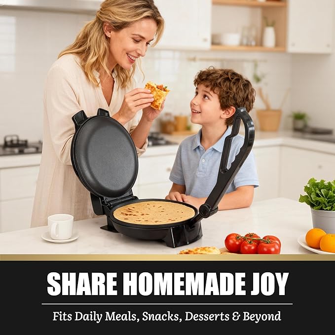 FineMade Compact Roti Maker, 8'' Electric Tortilla Maker Machine, Maquina Para Hacer Tortillas, Crepe Maker,Electric Tortilla Press, Prensa Para Tortillas, Recipe Included, Black