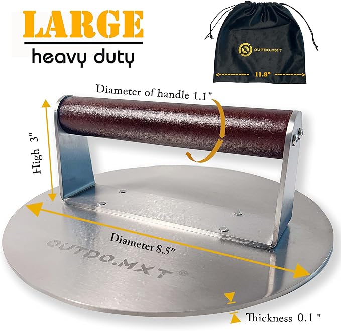 Stainless Steel 8.5" Smash Burger Press, Heavy Duty 2.5lb Burger Smasher with Wooden Handle and Velvet Fabric Storage Bag for Griddle,Grill Press for Hamburger, Bacon,Barbecue Grilling Tool