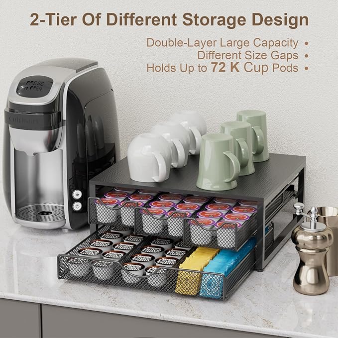 Coffee Pod Holder For Counter, 3 Pull-Out 72 K-Cup Holder Drawer, Wooden Cafe Pods Storage Organizer with Sliding Drawers for Coffee Station, Home, Kitchen, Office, Dorm (Black)