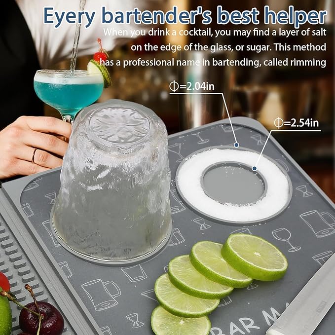 Foldable Bar Mat 18x12 inch - 3-in-1 Silicone Drying Mat with Removable Cutting Board & Rim Tray | Countertop Protector for Home, Outdoor, Travel | Professional Cocktail Accessories (gray)