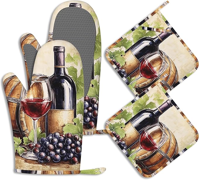 Vintage Red Wine Glass Oven Mitts and Pot Holders Purple Grapes Silicone Kitchen Accessories Set of 4 Heat Resistant Non-Slip Long Gloves Potholder for Chef Cooking Baking Gifts Women Men