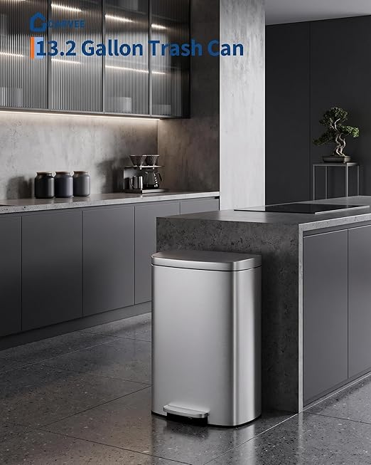 Garvee 13 Gal / 50 L Step-On Trash Can, Stainless Steel Kitchen Garbage Can with Soft Close Lid, Removable Inner Bucket & Rear Handle for Easy Transport