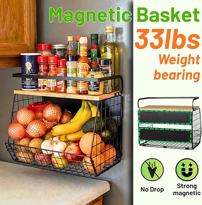 Ofiray-home Magnetic Shelf for Fridge with Wood Lid, Fruit Potato and Onion Storage Bins, Pantry Organizers & Storage, Large Container Magnetic Spice Rack for Refrigerator, Kitchen Counter, Cabinet