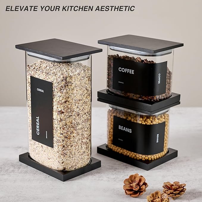 Glass Storage Jars with Bamboo Lids, 100oz Square Food Storage Containers for Kitchen Pantry Organization, Storage Canisters with Labels for Cereal Flour Beans Tea, Large Spice jars Seasoning Bottles
