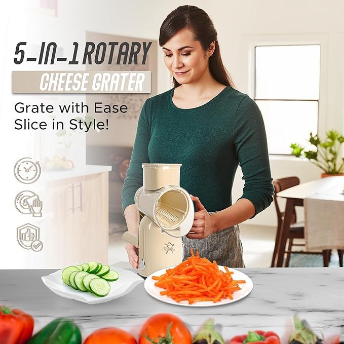 5-in-1 Rotary Cheese Grater with Hand Crank – Multi-Functional Vegetable Slicer, Nut & Cheese Shredder – Easy to Clean Food Grater (Beige)