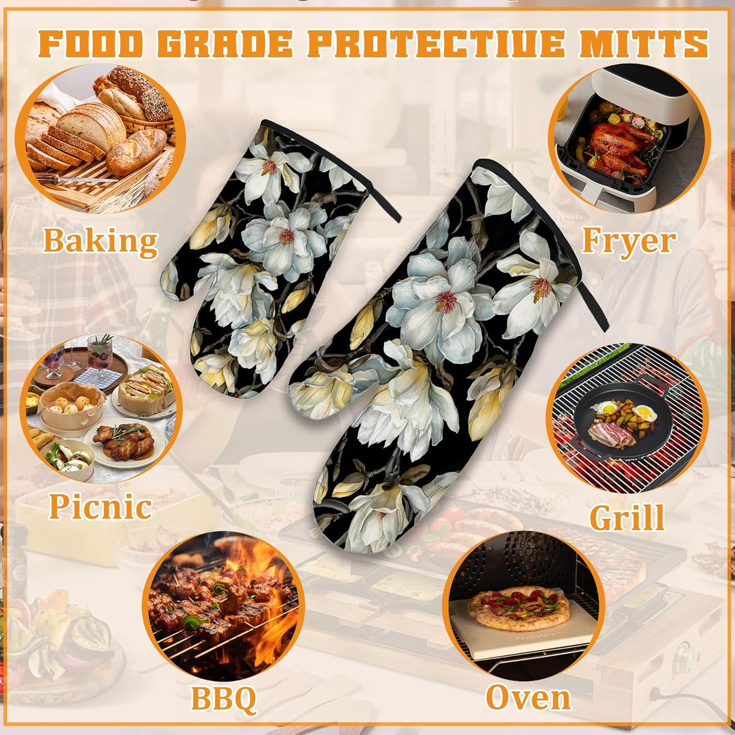 Vintage White Magnolia Oven Mitts and Pot Holders,Heat Resistant Oven Mitts Gloves and Pot Holder for Home Kitchen Decorations Cooking Baking BBQ Gifts,Set of 4