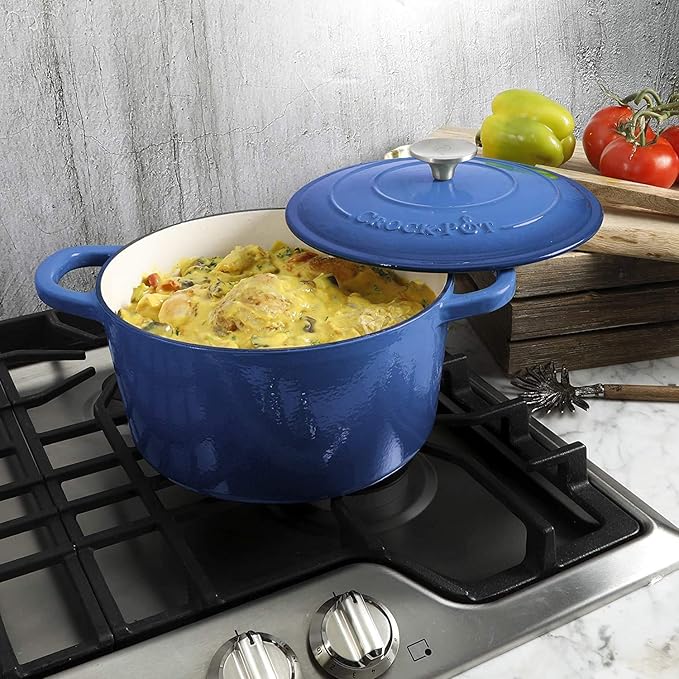 Crock-Pot Artisan 5-Quart Round Enameled Cast Iron Dutch Oven – Blue, Durable Heavy-Duty Cookware for Slow Cooking, Roasting, Baking with Lid