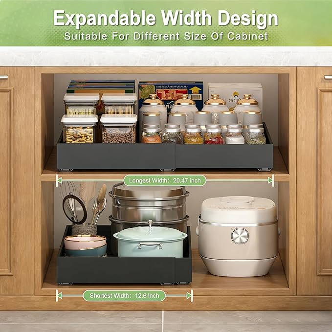 2-Pack-Expandable-Pull-Out-Cabinet-Organizers For Kitchen, Adjustable Slide Out No Drill Adhesive Drawers With Raising Pad For Framed Cabinet, Heavy Duty Sliding Roll Out Shelves Inside Cabinet