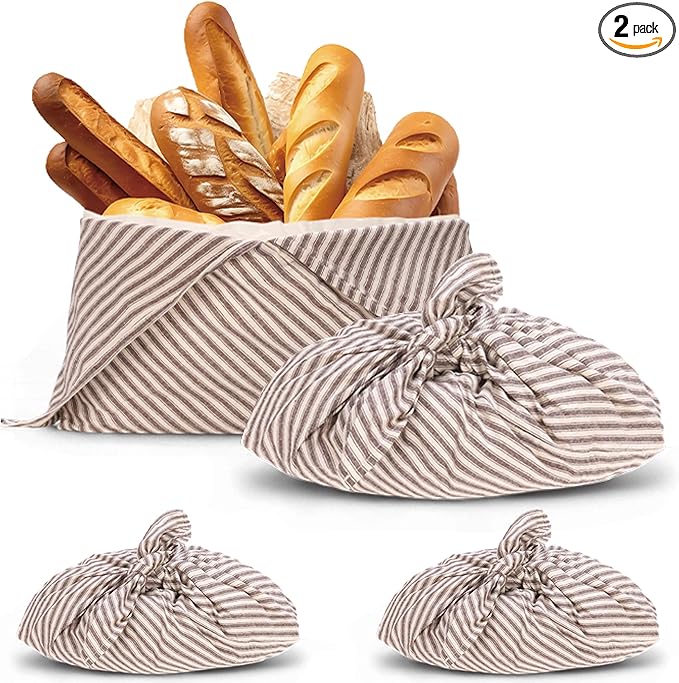 yeload 2 Pack Beeswax Bread Bags, Striped Linen Bento Bags, 14" Cotton Loaf Bag, Reusable Organic Food Storage, Sourdough Bag, Rustic Farmhouse Azuma Bukuro Origami Wrap for Baked Gifts (Caffe, 2)