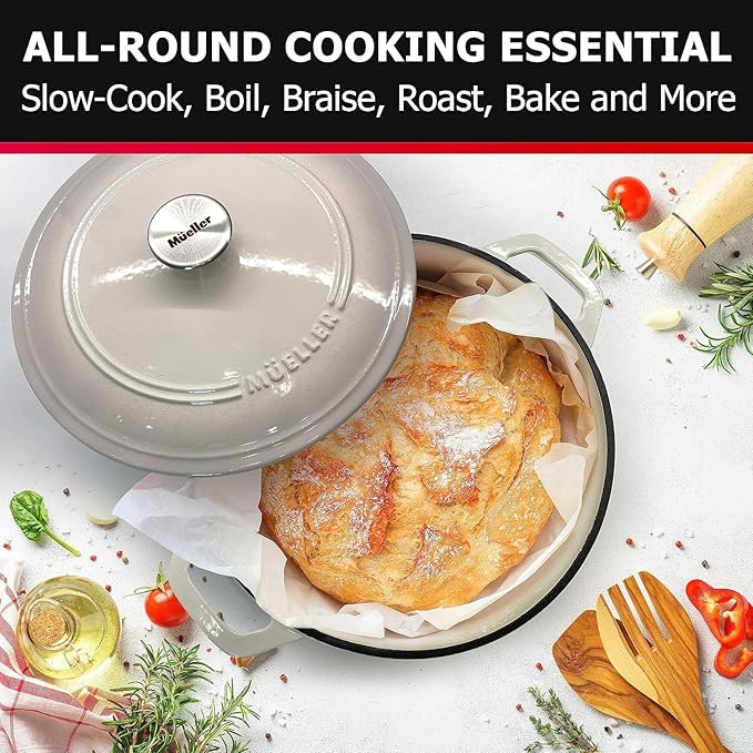 MUELLER HOME 7.5 QT Enameled Cast Iron Dutch Oven, Heavy-Duty Casserole Dish and Braiser Pan with Lid and Stainless Knob, Oven-Safe up to 500° F & Across All Cooktops, Oyster White