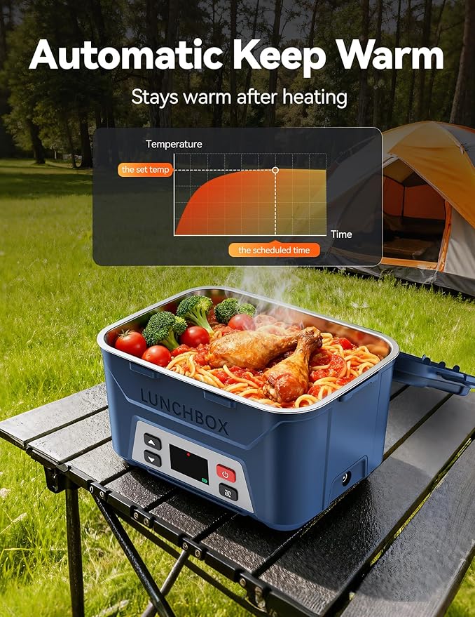 EAST OAK Heated Lunch Box for Men, Electric Lunch Box for Adults, 5.5 Cups Cordless Portable Food Warmer, Rechargeable Self Heating Food Heater with Memory Function, Automatic Keep Warm(Navy Blue)