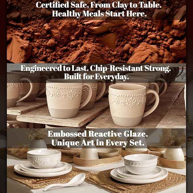 Artena Plates And Bowls Sets, 16 Pieces Dinnerware Sets, Dish Set For 4, Ceramic Kitchen Bowl And Plate Set, Embossed White Dishware Sets, Dishwasher & Microwave Safe (Multiple Patterns)
