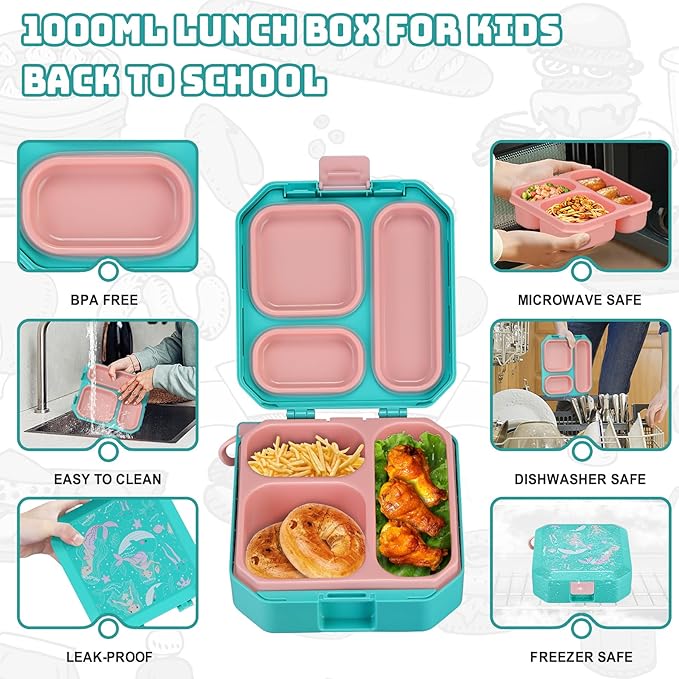 Itslife Bento Lunch Box Set for Kids with 12oz Soup Thermo&Lunch Bag, Leak-Proof Lunch Food Containers for Kids School, 5 Compartment, Sauce Cup, 10 Notes (Mermaids Green)