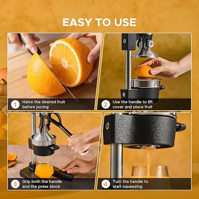CO-Z Manual Citrus Juicer, Commercial Grade Cast Iron Orange Juicer, Professional Heavy Duty Juice Press with Removable Strainer, Manual Juice Extractor for Orange Lemon Pomegranate Citrus, Black