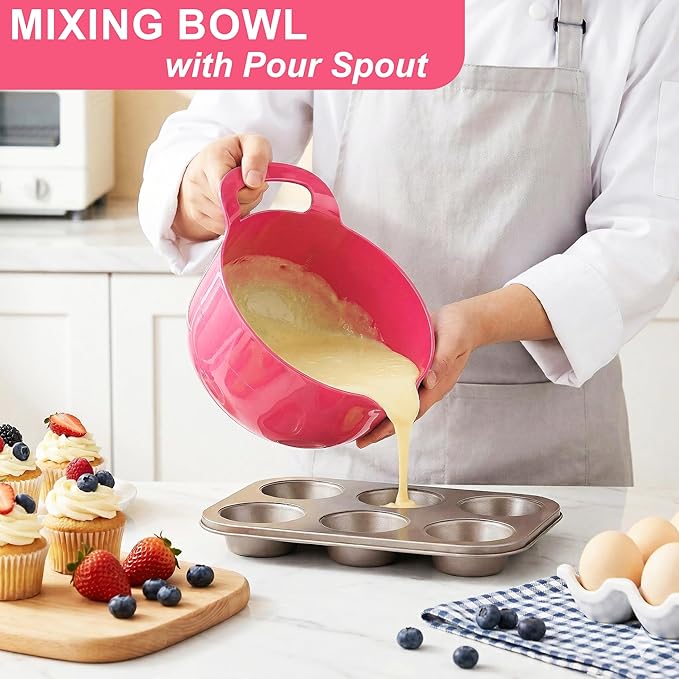 BoxedHome 4 Pack Nesting Mixing Bowl with Pour Spout and Handle, BPA free Microwave & Dishwasher Safe(Pink Gradient, 4 Pack with Handle)