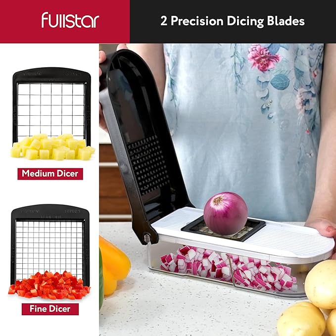 Fullstar Mandoline Slicer for Kitchen - Vegetable Chopper, Onion Potato Food Veggie Fruit Slicer and Cutter with Container, Kitchen Gadgets & Gifts, Home Essentials (10-in-1, White/Black)