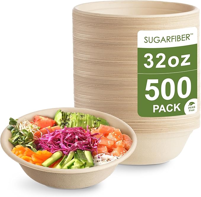 [500 COUNT]Harvest Pack PFAS FREE 32oz Round Paper Bowls, Compostable Heavy-Duty Eco-Friendly Disposable Bagasse Large Soup Bowls, sugarcane made for Meal Prep Takeout Dinnerware, Microwave Safe