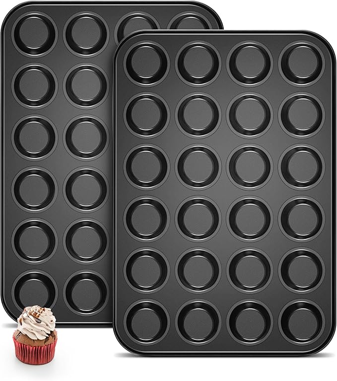 TeamFar 2 Pack Mini Muffin Pan, 24-Cup Non-Stick Carbon Steel Cupcake Tray Tin for Baking, Small Cup Cake Bakeware for Bite-Sized Cheesecake Tart Quiches, Even Baking & Effortless Release & Easy Clean
