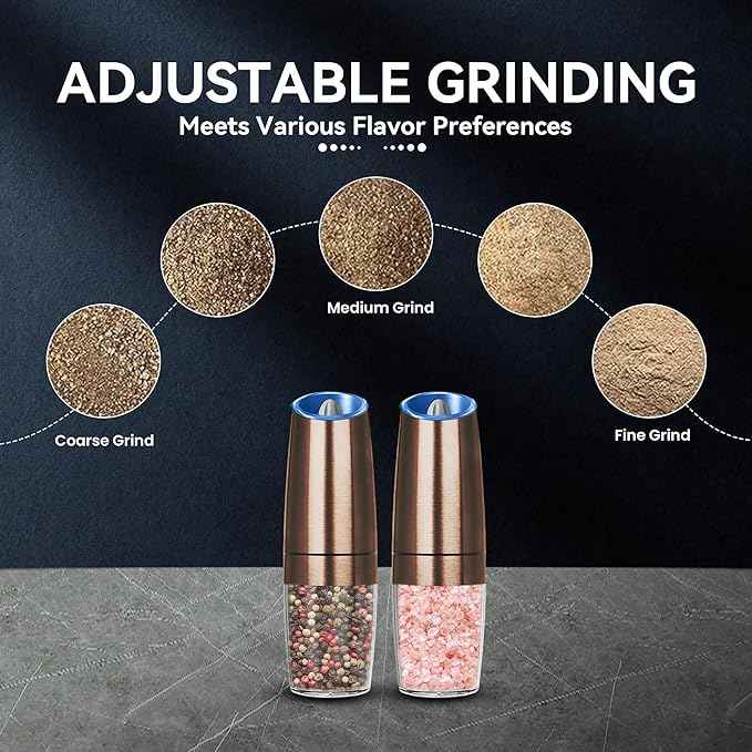 Rechargeable Electric Salt and Pepper Grinder set of 2, gravity electric salt and pepper grinder set, Adjustable Roughness, LED Light, 2 Pack, (Copper)