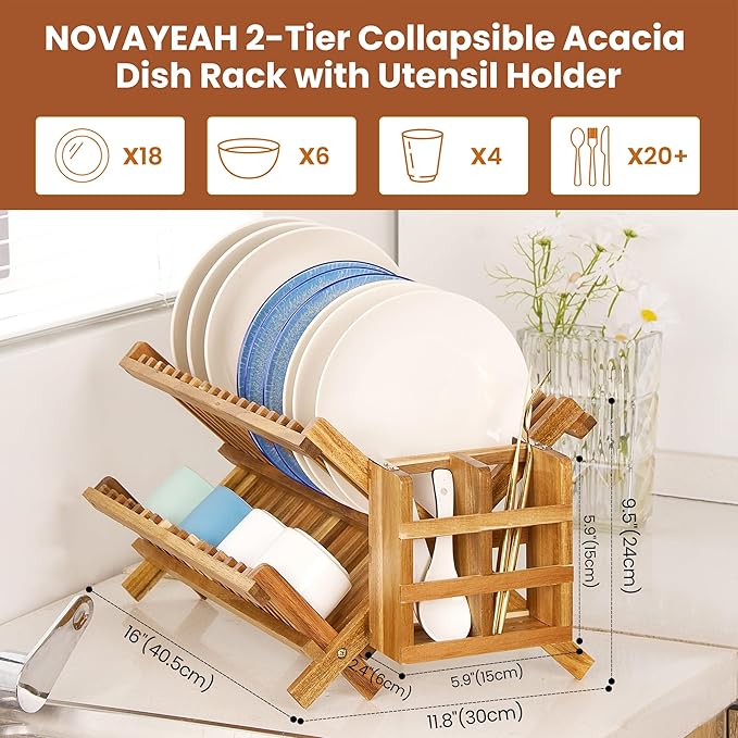 NOVAYEAH Acacia Wooden Dish Drying Rack for Kitchen Counter 2-Tier Collapsible Bmaboo Dish Drying Rack with Utensil Holder-Large Folding Dish Drainer Rack with Flatware Holder 34 pcs Grid