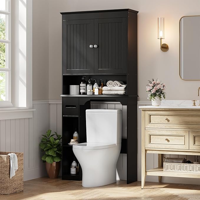 IDEALHOUSE 23.6 Inches Wide Toilet Rack with Over The Toilet Storage Cabinet, Bathroom Shelf Organizer with Anti-Tip Device, Small Freestanding Space Saver with Adjustable Shelf (Black 30" W)