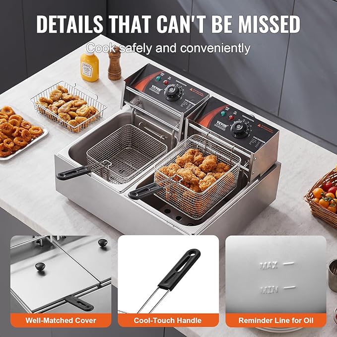 VEVOR Commercial Deep Fryer, Dual Tank 3000W Electric Countertop Fryer with Basket, 2 x 9.1Qt/8.6L Double Stainless Steel Oil Fryer, with Temp Control & Overheat Protection, for Kitchen Restaurant Use
