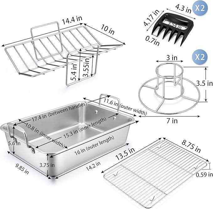 16" Roasting Pan with Rack, 7 PCS P&P CHEF Stainless Steel Turkey Roaster Lasagna Pan with Cooling Flat & V-shaped Baking Rack, Grilling Chicken Holder, Meat Shredding Claws, Dishwasher & Oven Safe