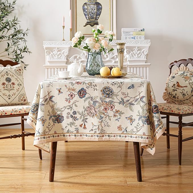 ISAENNE Designer French Light Beige Long Tablecloth Rectangle,Linen Florals and Birds Pattern Table Cloth,Anti-Wrinkle Decorative Tablecloths for Dining Thanksgiving Kitchen,63"*94"-Cornucopia