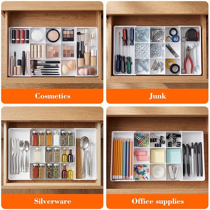 Briwooody 1 Pcs Large Expandable Acrylic Drawer Organizers, Grid Adjustable Drawer, Dividers Organizer for Desk, Makeup, Jewelry, Office, Kitchen Supplies (White,11 Compartments)