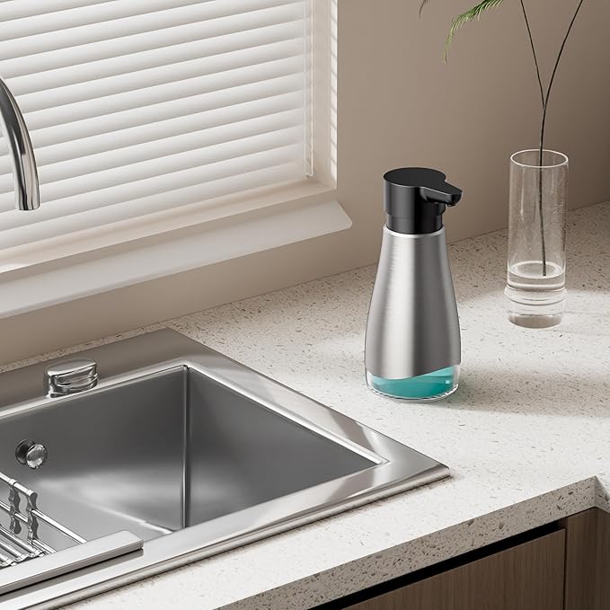 Oasis Creations 500 mL /17fl.oz Stainless Steel Liquid Soap Dispenser for Dish and Hand Soap - Two Toned Silver and Black - Refillable - Great for Kitchen Bathroom or Countertop